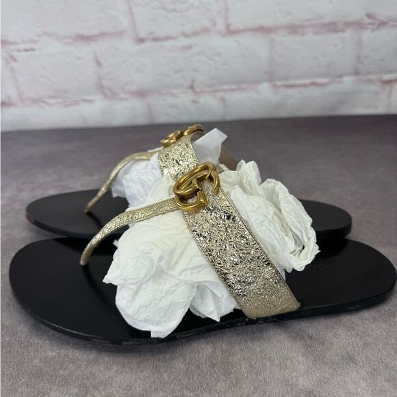 Gucci Crinkled Metallic Gg Marmont Leather Thongs 39.5 - Picture 3 of 13